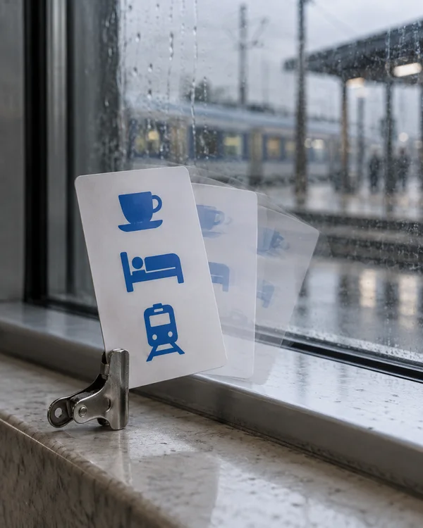 A white laminated card with blue cup, bed and train pictograms is held by a metal clamp on a pale windowsill, with faint overlapping card positions against a…