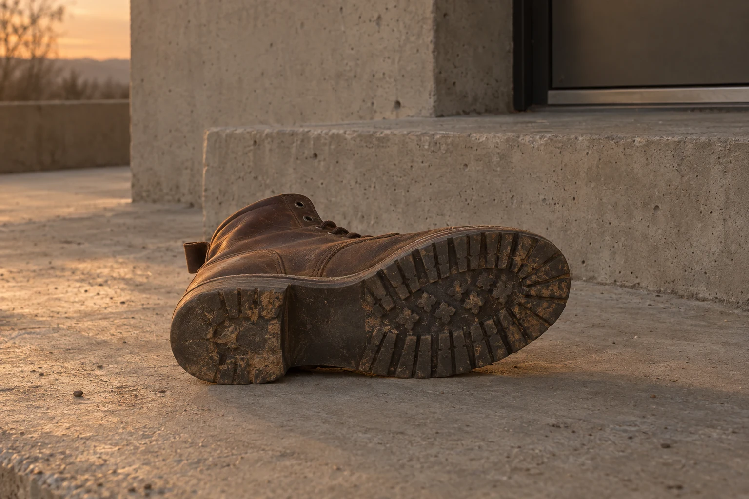A worn walnut-brown leather work boot lies on its outer side on a concrete landing, its dusty rubber tread facing the camera; a raw-concrete step and dark…