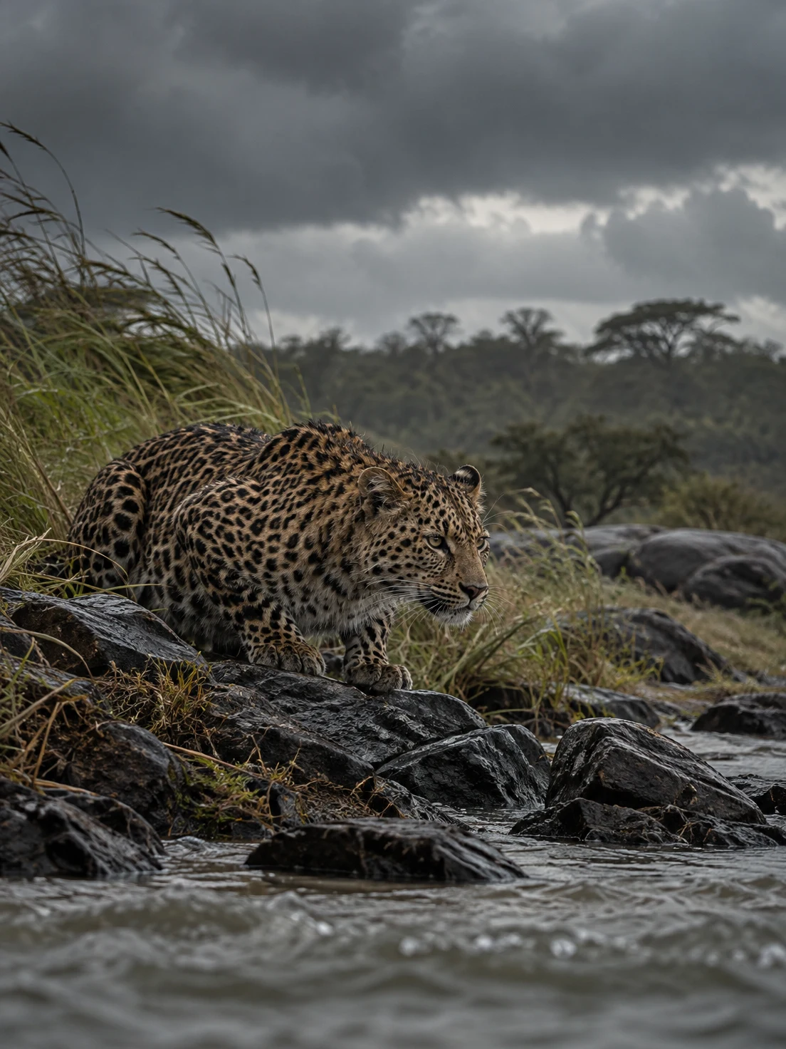 A leopard crouches on dark rocks beside a fast-moving river, with tall grass, a blurred tree line and heavy clouds behind it.