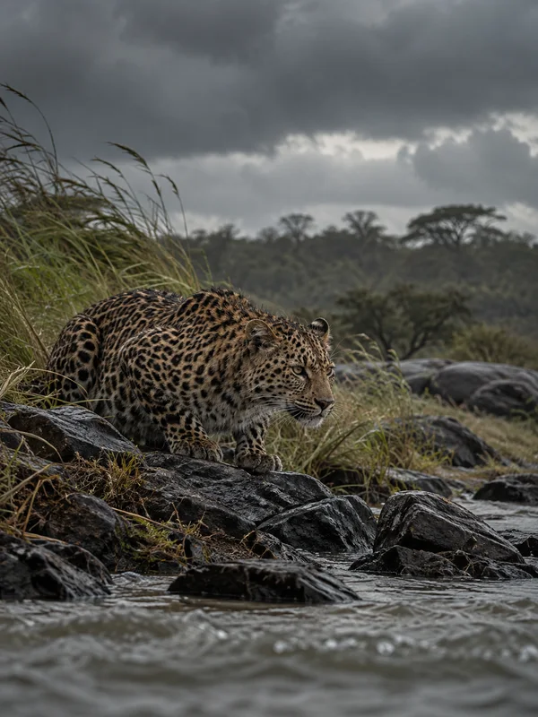 A leopard crouches on dark rocks beside a fast-moving river, with tall grass, a blurred tree line and heavy clouds behind it.