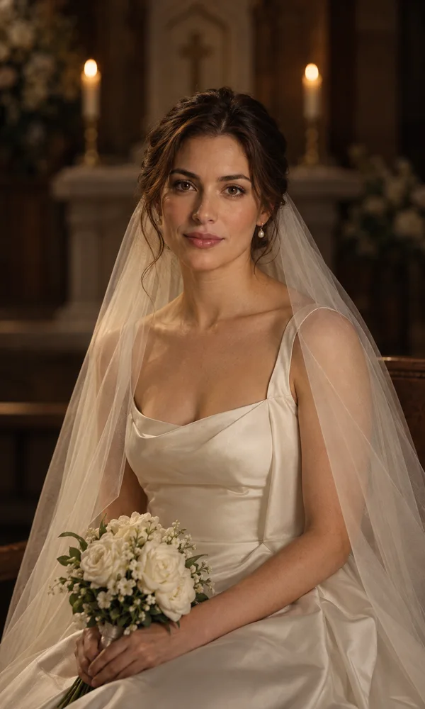 A bride sits holding an ivory bouquet, wearing a satin gown and translucent veil, with two blurred candles and a pale altar behind her.