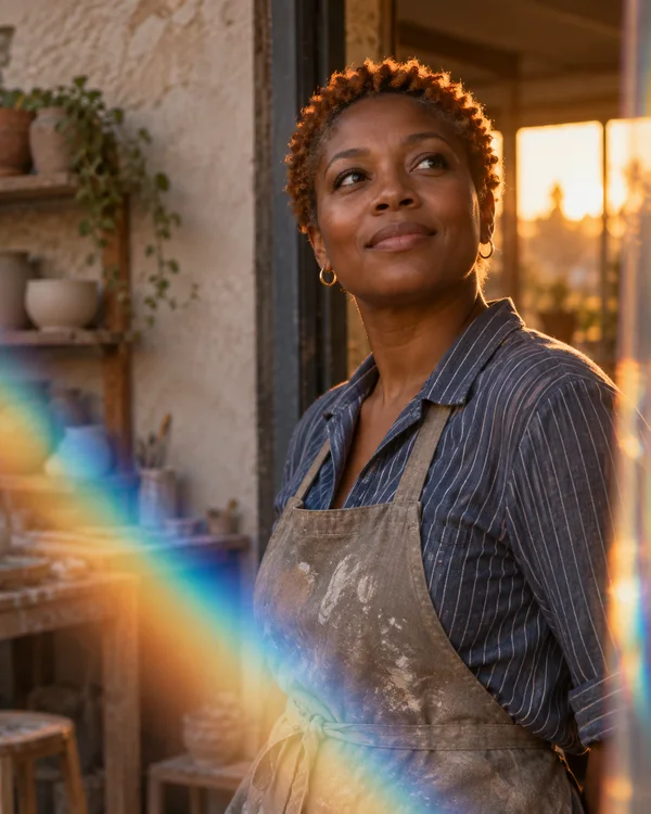A woman with short copper curls stands in a pottery studio doorway, wearing a slate-blue pinstriped shirt and clay-marked apron.