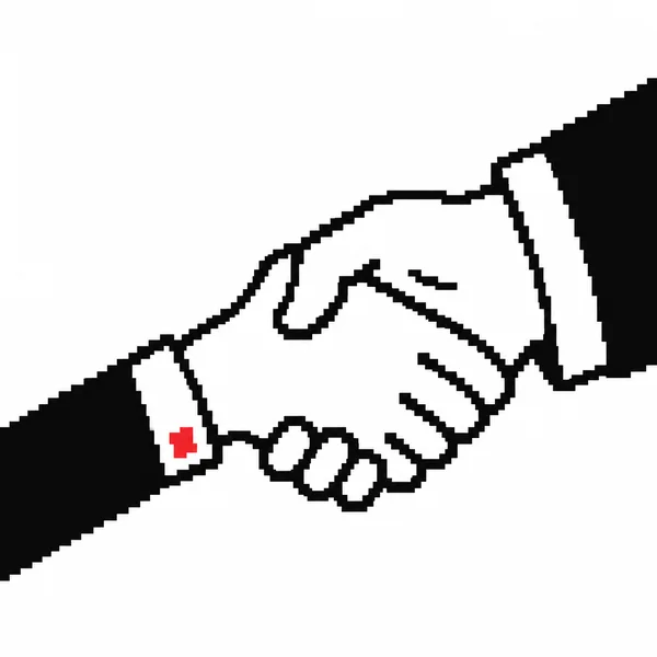 A pixel-art illustration of two white hands clasping in a handshake, with thick black stepped outlines, black sleeves, and a small red cuff accent on a white…