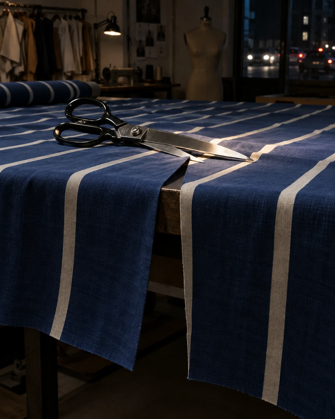 Open steel dressmaking shears rest on blue fabric with ivory stripes, which is cut into two hanging flaps over a worktable in a dim garment studio; a…