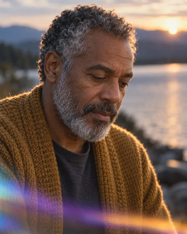 Close-up portrait of an older man with salt-and-pepper curls and a gray beard looking down in an ochre knit cardigan over a dark shirt, with a softly blurred…