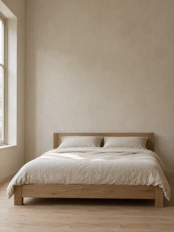 A low oak bed with oatmeal linen bedding and two pillows sits against a warm off-white plaster wall, with a narrow window at the left and pale wood flooring…
