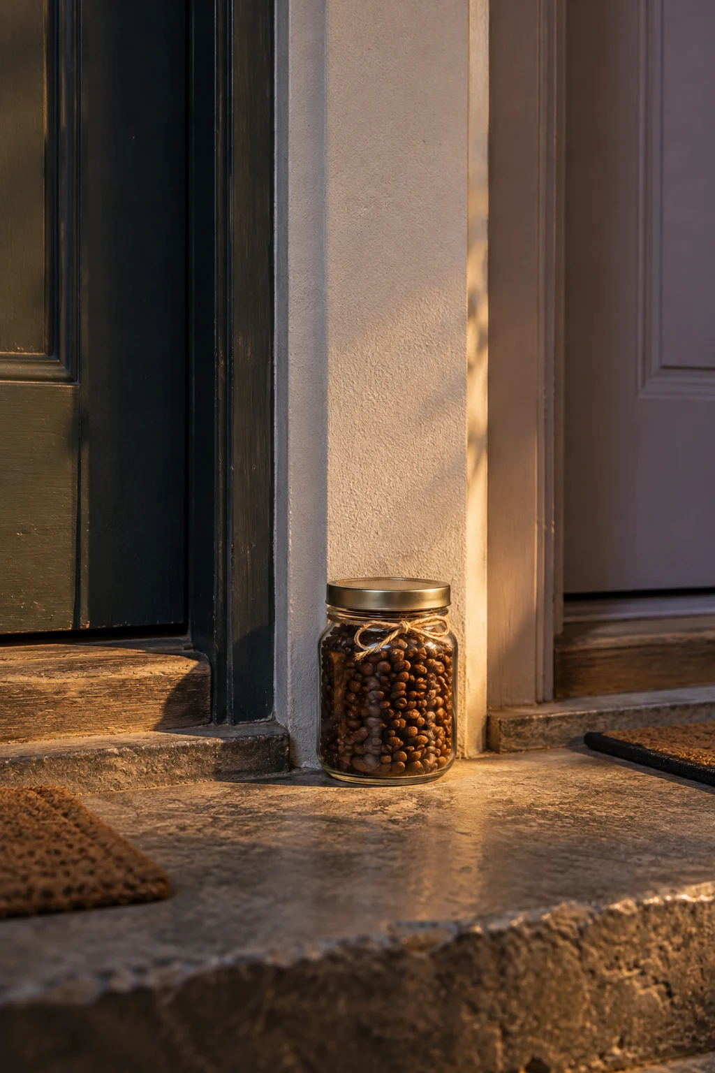 A glass jar filled with roasted coffee beans, closed with a metal lid and tied with cotton cord, sits on a worn stone landing between two apartment doors.