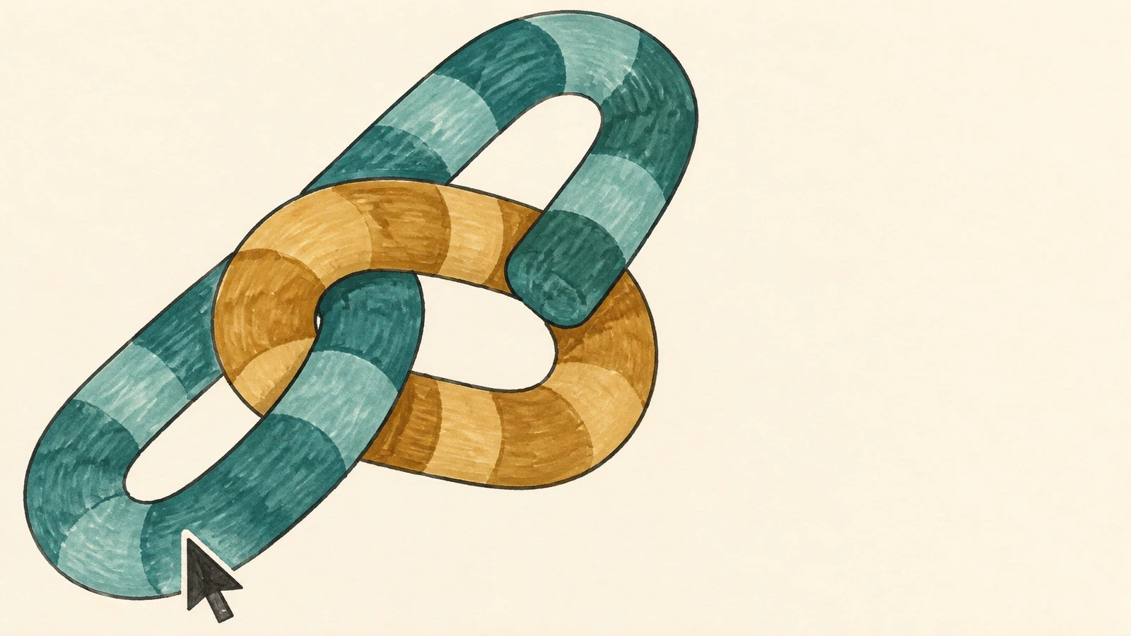 A large hand-drawn teal and ochre interlocking link made of broad striped textile-like loops sits on a warm cream background, with a charcoal computer-pointer…