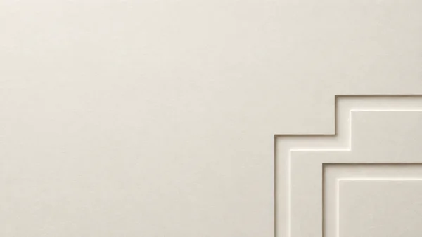 A warm ivory textured paper surface fills a landscape frame, with three stepped right-angle channels and pale highlights along the lower-right and right edges…