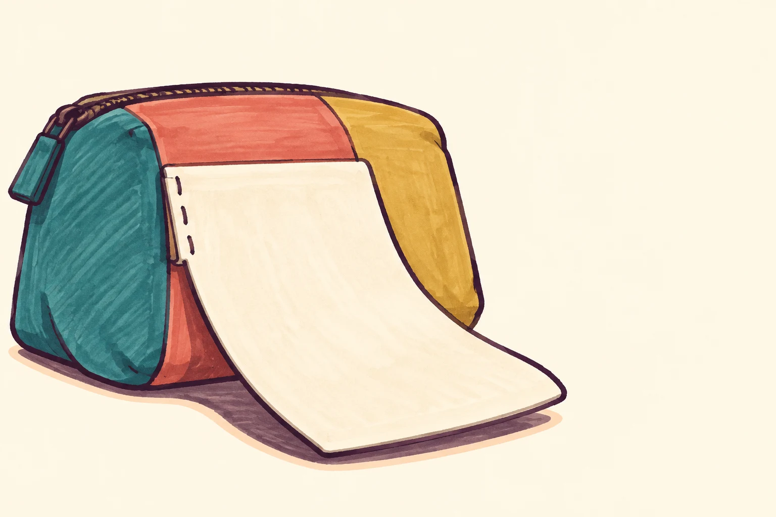 A hand-drawn illustration of a squat teal, coral and mustard fabric pouch with an oversized blank cream label attached at the front and draped toward the…