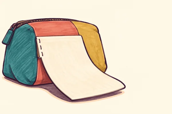 A hand-drawn illustration of a squat teal, coral and mustard fabric pouch with an oversized blank cream label attached at the front and draped toward the…