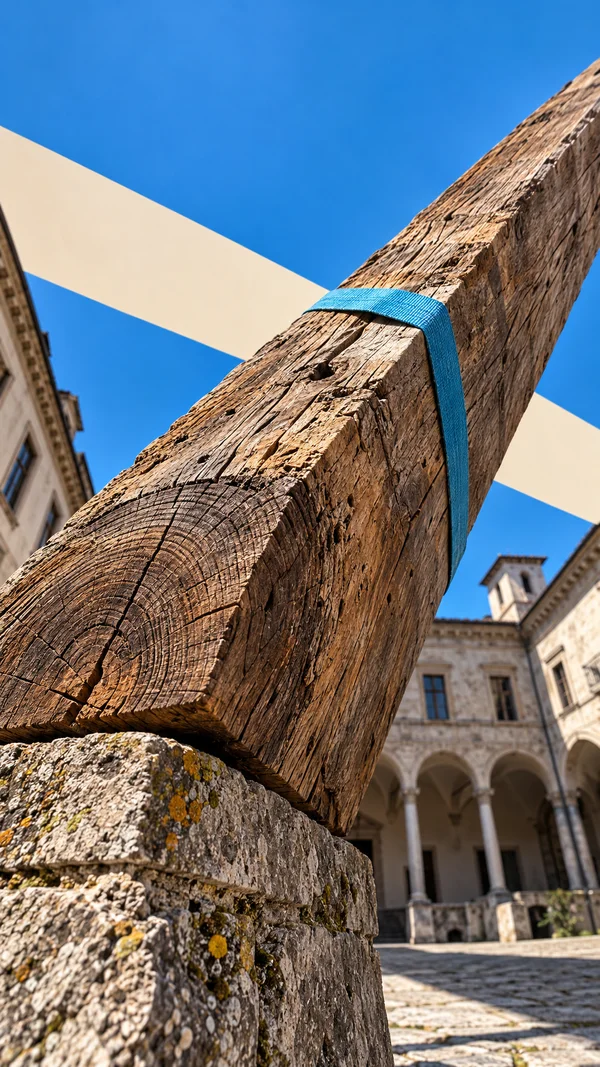 A massive rough timber beam with visible end rings rests diagonally on a lichen-marked stone support in a historic courtyard, secured by a cyan strap against a…