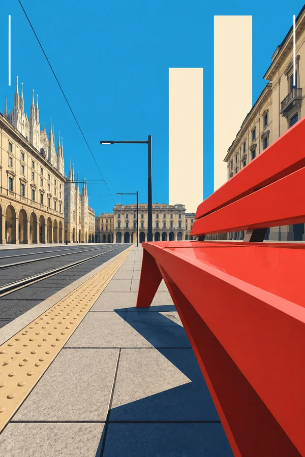 An oversized angular red bench fills the right foreground of a tram platform, with two rails, a tactile paving strip, pale stone paving, historic Milanese…