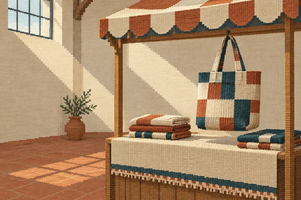 A woven-texture illustration of a wooden market stall with a cream, terracotta and deep teal patchwork tote hanging above two stacks of folded textiles.
