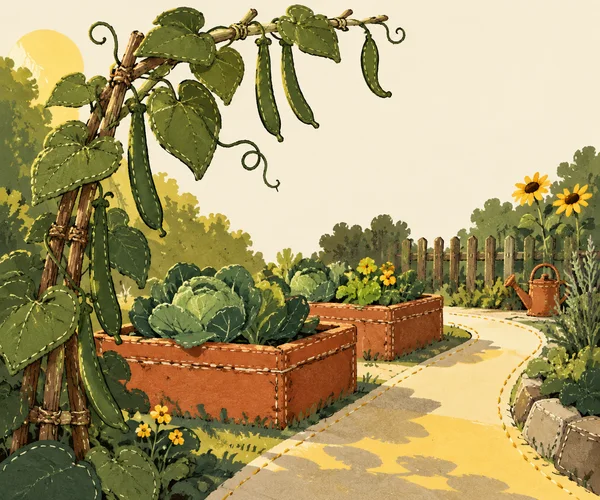 A hand-drawn garden scene with a tall bean trellis arching from the left over a terracotta raised bed, leafy vegetables, and a pale winding path.