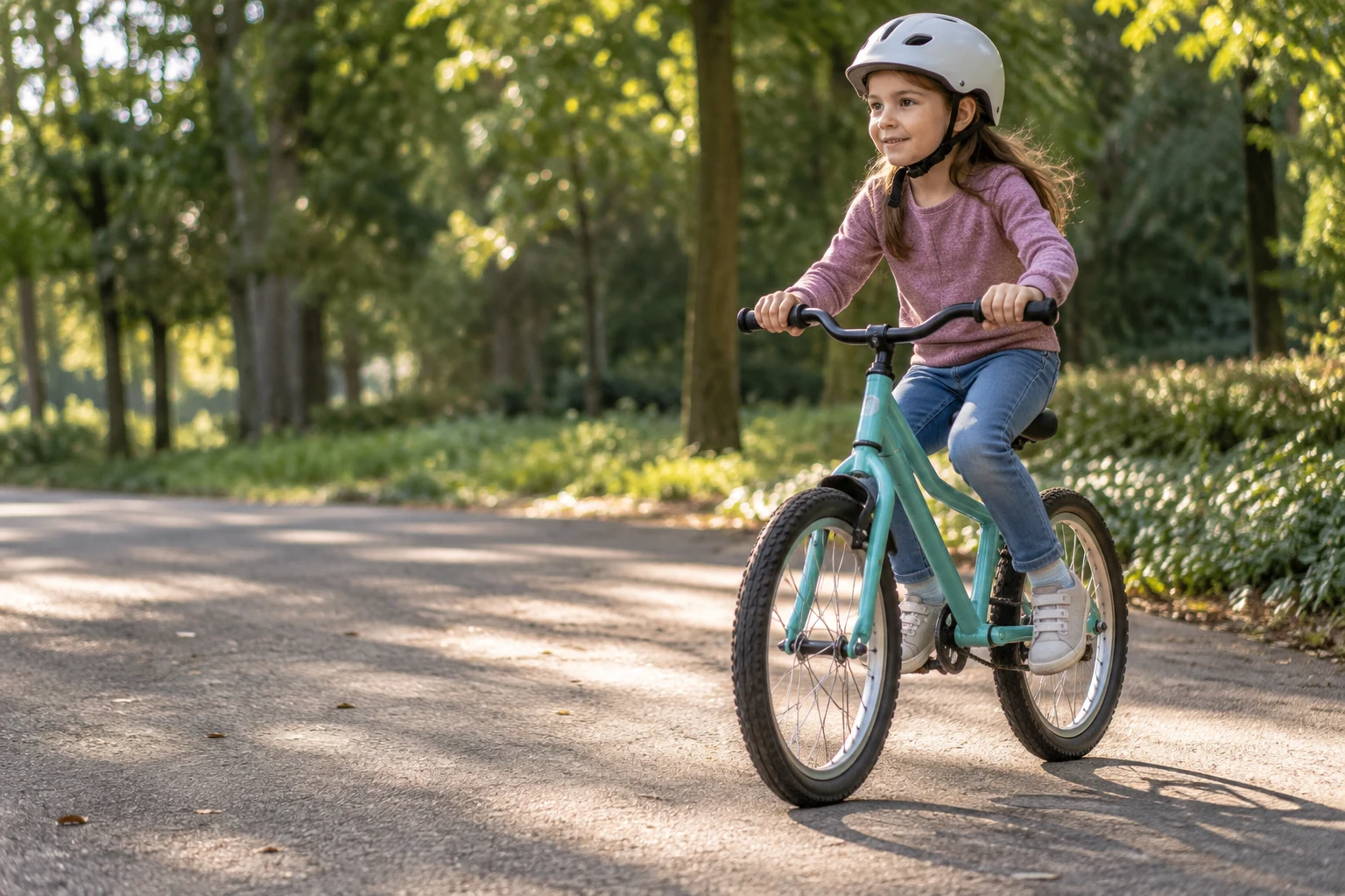 A helmeted young child rides a small turquoise bicycle along a paved park path, with open pavement ahead and warm sunlight filtering through the trees.