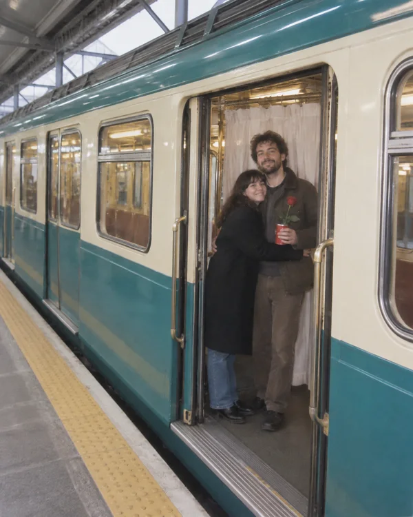 A couple embraces in the open doorway of a teal-and-ivory metro carriage, with the man holding a red can and a rose.