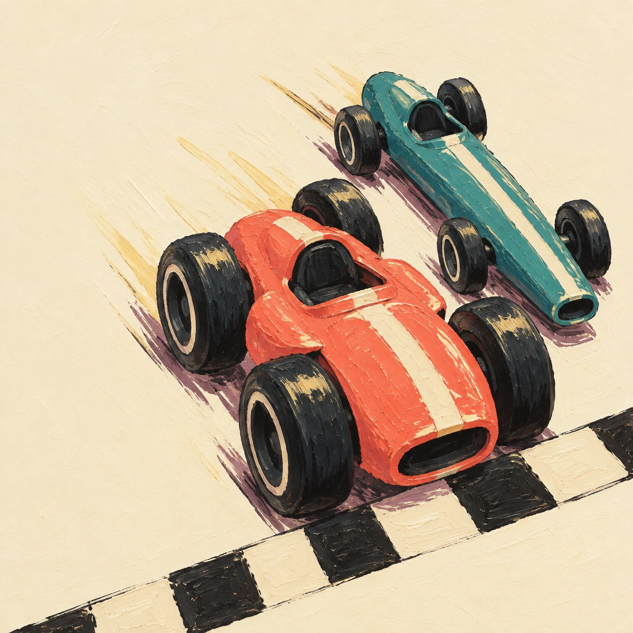 A broad coral toy race car with oversized black wheels crosses a black-and-cream checker strip ahead of a long teal car, both angled toward the lower right on…