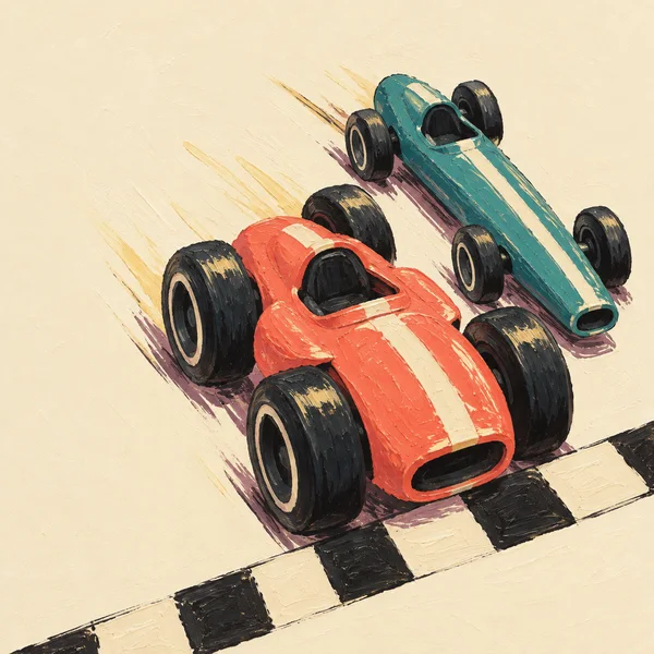 A broad coral toy race car with oversized black wheels crosses a black-and-cream checker strip ahead of a long teal car, both angled toward the lower right on…