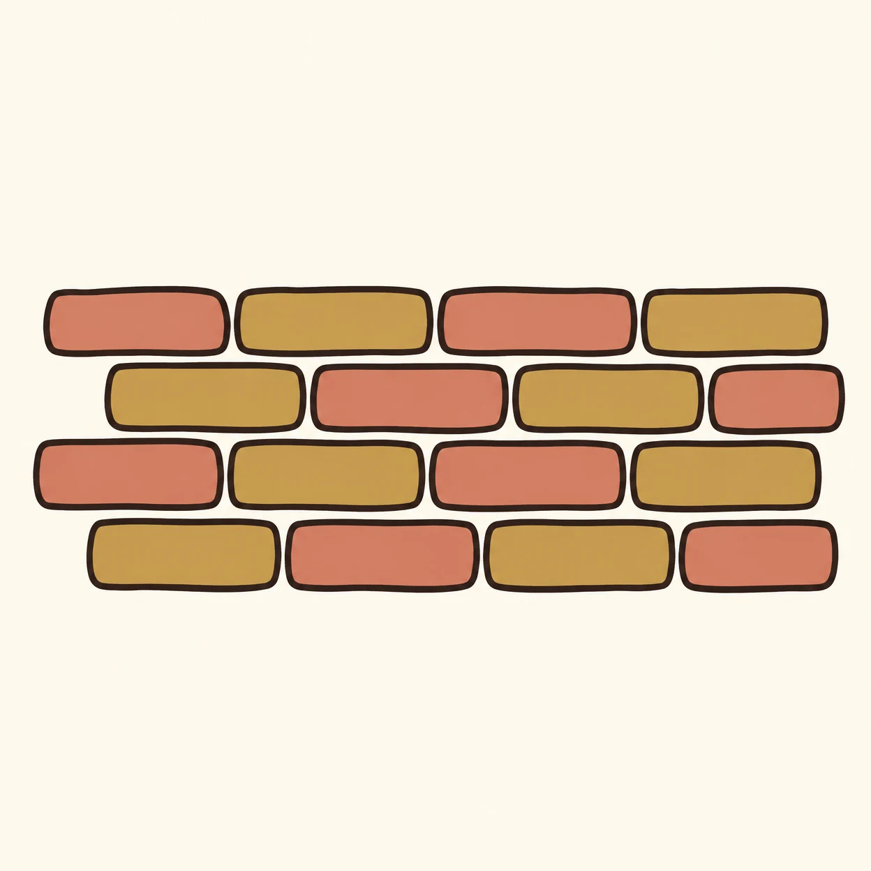 A centered patch of four rows of coral and ochre rounded rectangles on a warm ivory background, outlined in dark brown ink and arranged in an offset brick-like…