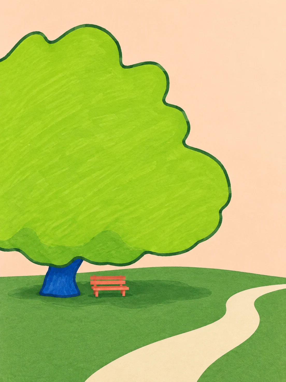 A stylized park scene with an oversized lime-green tree canopy and short blue trunk, a small coral bench beneath it, a cream path curving through a green lawn…