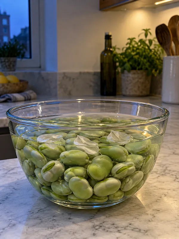 A clear glass bowl filled with broad beans soaking in water on a pale marble kitchen counter, with several pale skins floating at the surface.