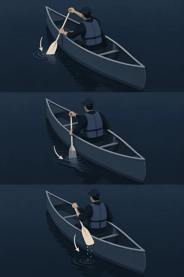 Three vertically stacked views show a soloist in a canoe on dark water, moving a pale paddle through a stroke; curved arrows and small ripples mark the blade’s…