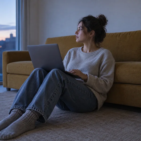 A woman sits on the floor against a muted ochre sofa with an open laptop on her bent knees, looking toward a window at blue hour.