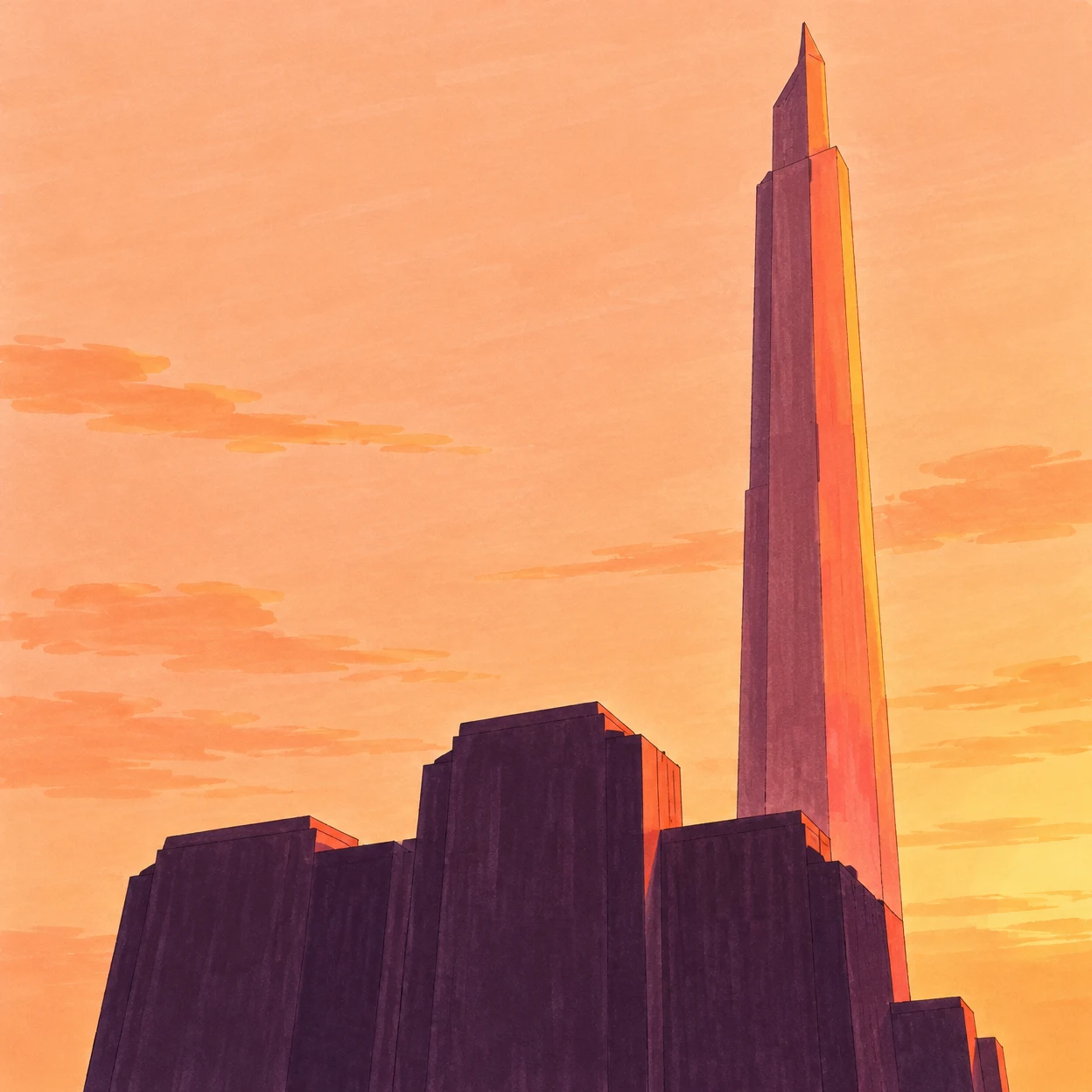 Low-angle editorial illustration of a very tall coral skyscraper rising behind dark plum blocky buildings, against a peach-orange sky with streaks of clouds.