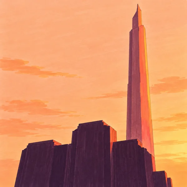 Low-angle editorial illustration of a very tall coral skyscraper rising behind dark plum blocky buildings, against a peach-orange sky with streaks of clouds.