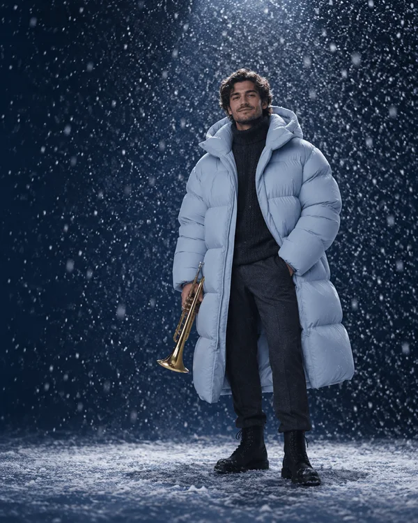 A full-length man in a long ice-blue quilted puffer coat stands in falling snow against a dark blue studio backdrop, holding a brass trumpet beside his leg…