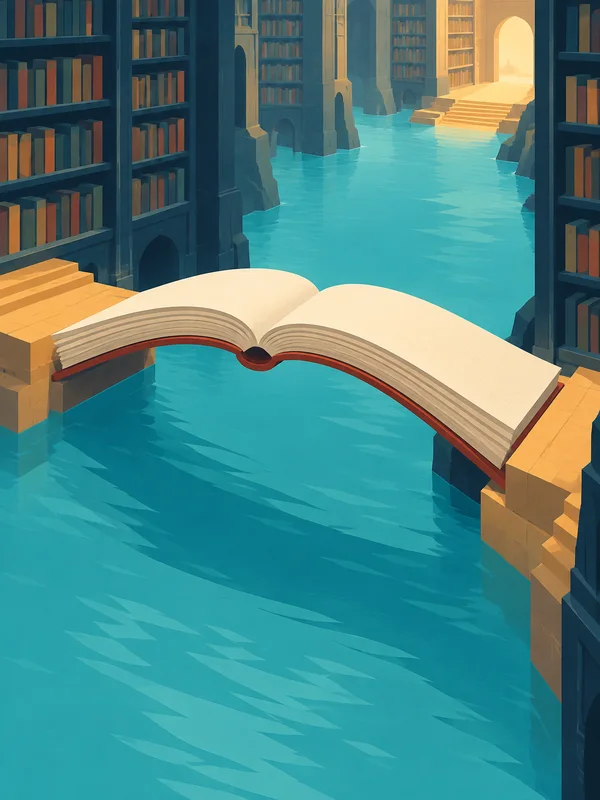An oversized open book forms an arched bridge over a turquoise river in a towering library, with ochre terraces at either end and warm light glowing through a…
