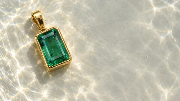 A rectangular green gemstone pendant in a polished gold setting lies diagonally on a pale underwater surface, with bright rippling light across the scene and…