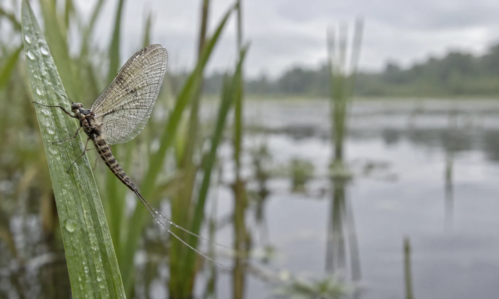A mayfly with translucent, veined wings and long tail filaments rests on a dew-covered green reed, with softly blurred reeds and pale water behind it.