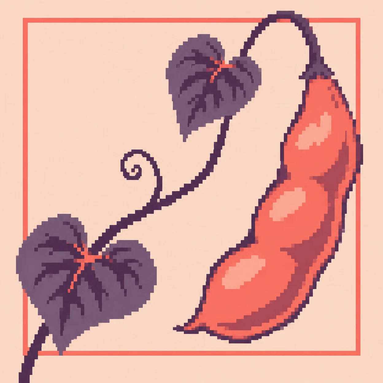 A pixel-style illustration of a curved coral bean pod with three bulges beside two purple heart-shaped leaves, on a pale peach background inside a coral…