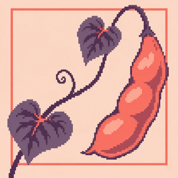 A pixel-style illustration of a curved coral bean pod with three bulges beside two purple heart-shaped leaves, on a pale peach background inside a coral…