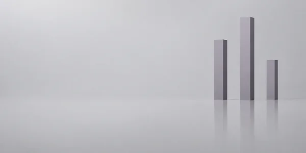 Three slender lilac-grey rectangular columns of unequal heights stand in a loose group on the right side of a pale grey field, with faint vertical reflections…