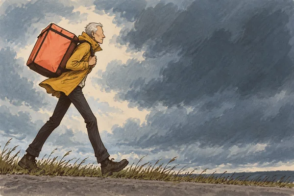 An older courier with short silver hair strides right along a grassy roadside verge, carrying a large coral delivery bag and wearing an ochre jacket beneath a…