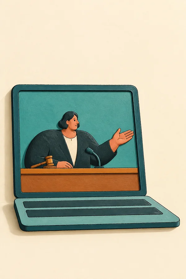 A teal laptop sits on a warm cream background, showing a dark-haired hearing chairperson behind an ochre dais with a raised open hand, a microphone and a…
