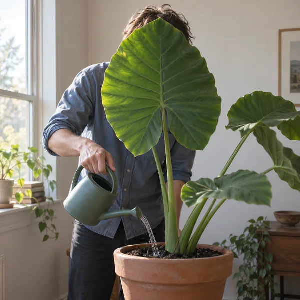 An adult in a faded blue shirt waters a large elephant-ear plant in a terracotta pot, with a broad leaf covering their face and tousled hair visible above it.