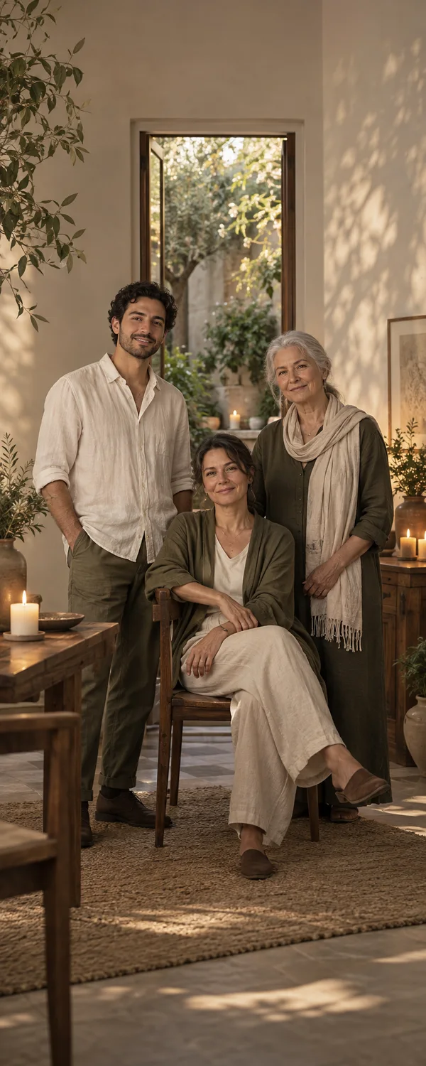 Three adults pose together in a warmly lit room with candles, plants, and a garden visible through a doorway.