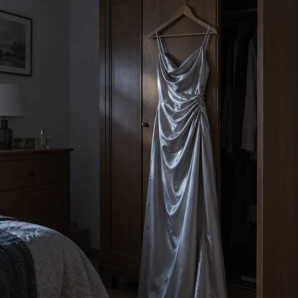 A silver satin evening gown hangs from a wooden hanger on a wardrobe door in a dim bedroom, with cool light picking out its draped folds beside the dark open…