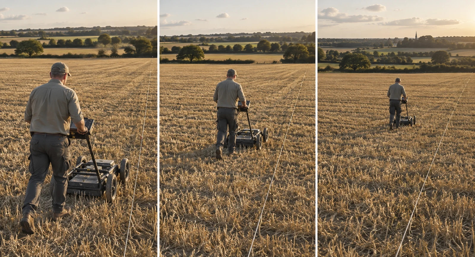 A fieldworker pushes a four-wheeled survey cart across golden harvested farmland in three adjacent panels, moving from the foreground toward the distance in…