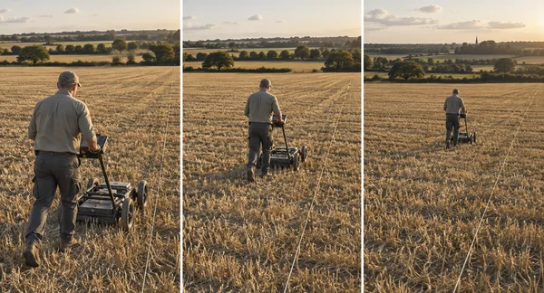 A fieldworker pushes a four-wheeled survey cart across golden harvested farmland in three adjacent panels, moving from the foreground toward the distance in…