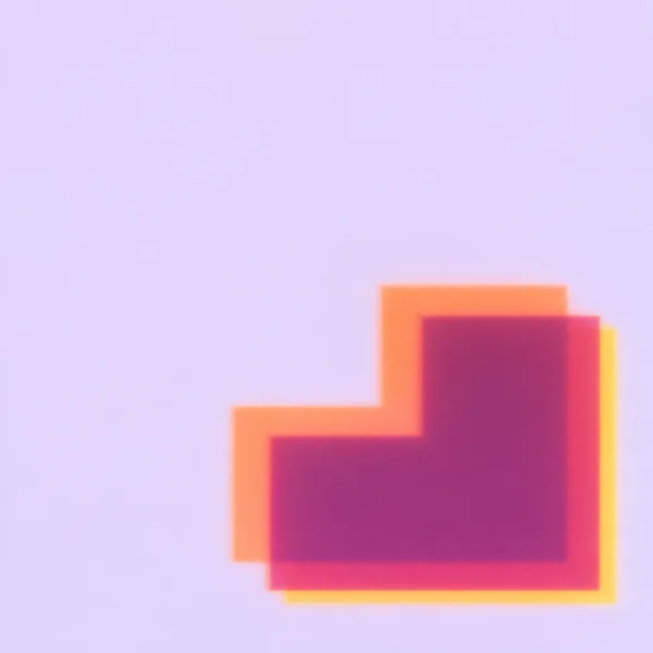 A large stepped abstract form made from overlapping apricot and raspberry shadows sits in the lower-right of a pale lavender field, with a plum overlap and a…