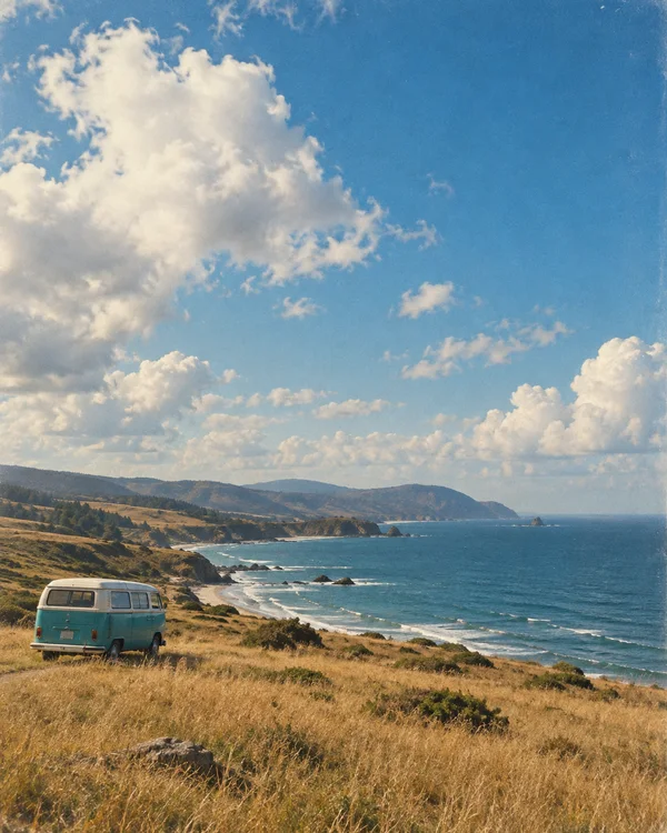 A small turquoise-and-white vintage camper van sits in a golden coastal meadow above a winding shoreline, with blue sea, distant hazy headlands and large white…