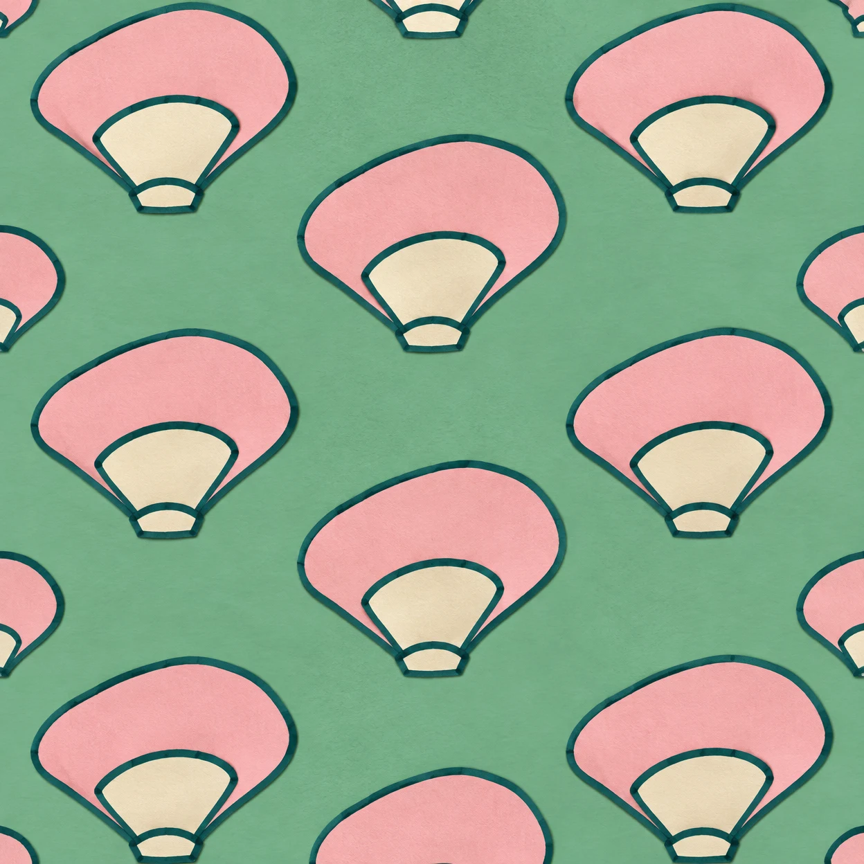 A repeating cut-paper pattern of broad pink fan-shaped shells with cream inner bands and dark teal outlines on a sea-glass-green ground, with some motifs…