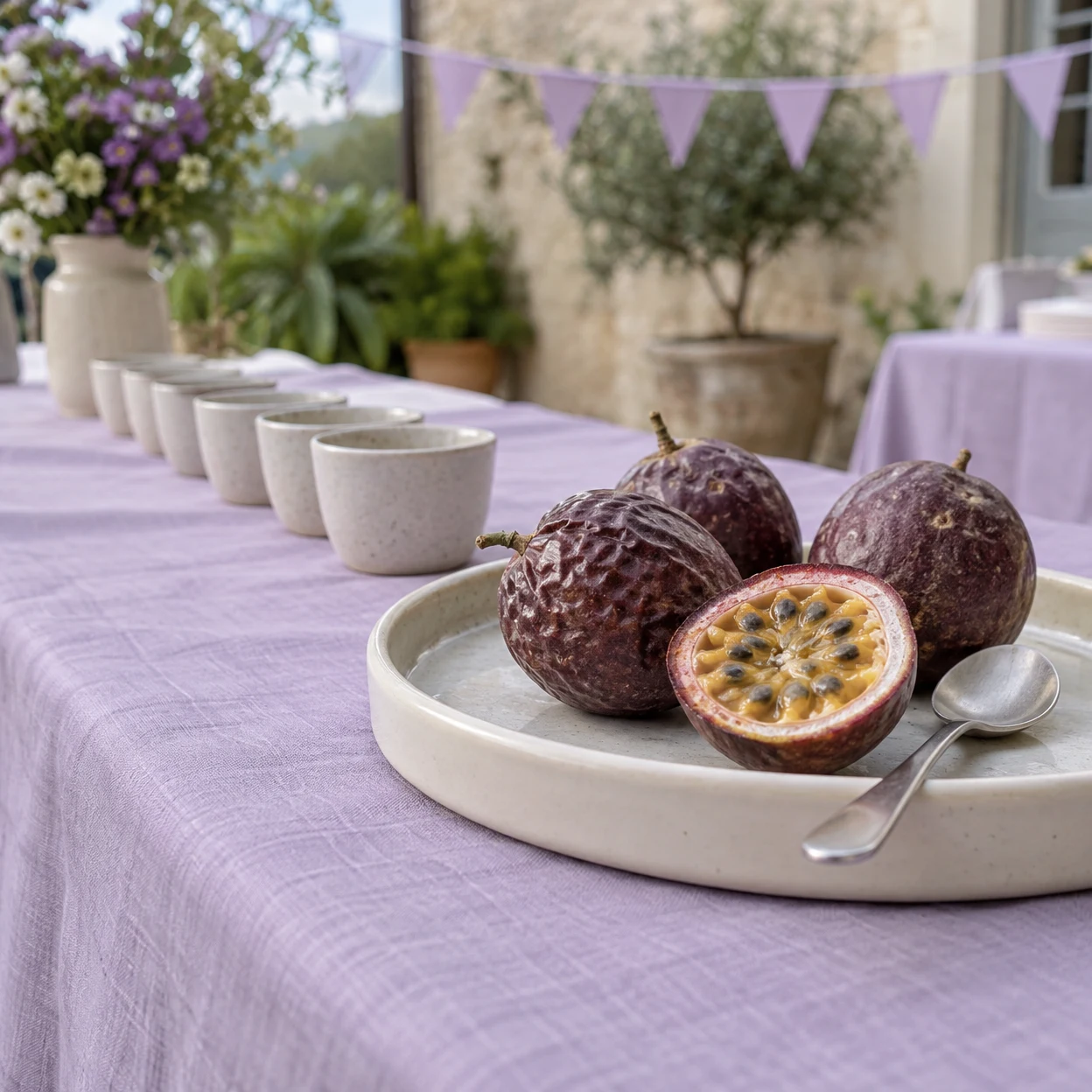 Three wrinkled purple passion fruits and a cut half with golden pulp sit on a cream ceramic tray beside a tasting spoon.