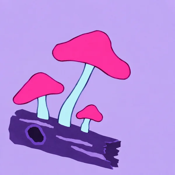 A dark-violet cut-paper log lies diagonally across the lower-left area of a lilac background, with three hot-pink-capped mushrooms and pale-cyan stems growing…