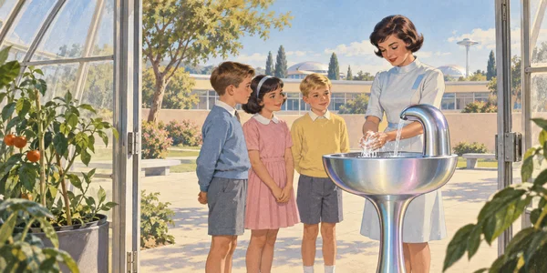 A woman demonstrates washing her soapy hands at a shiny pedestal basin while three children watch in a sunlit schoolyard, framed by an open greenhouse doorway…